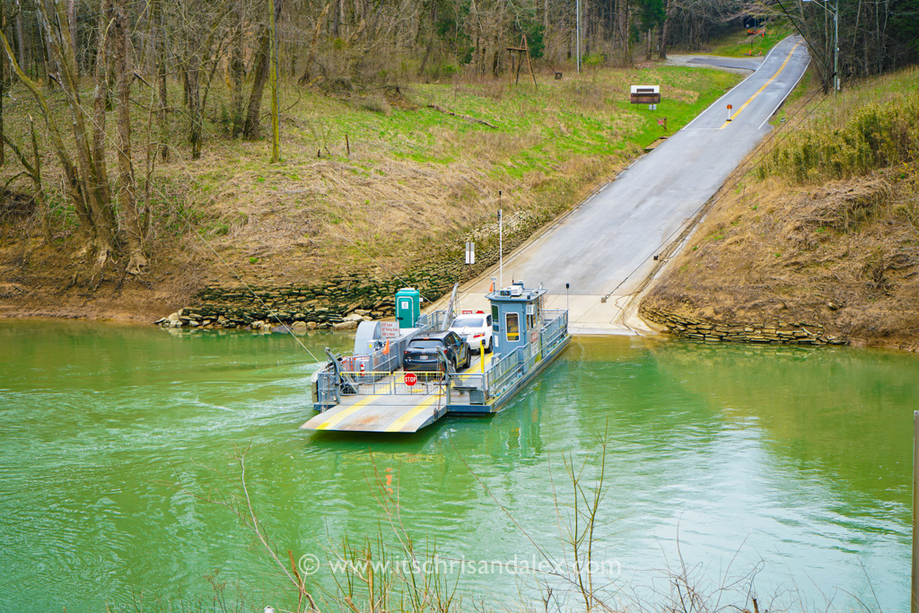 Green River Ferry transporting two vehicles across the Green River at Mammoth Cave National Park