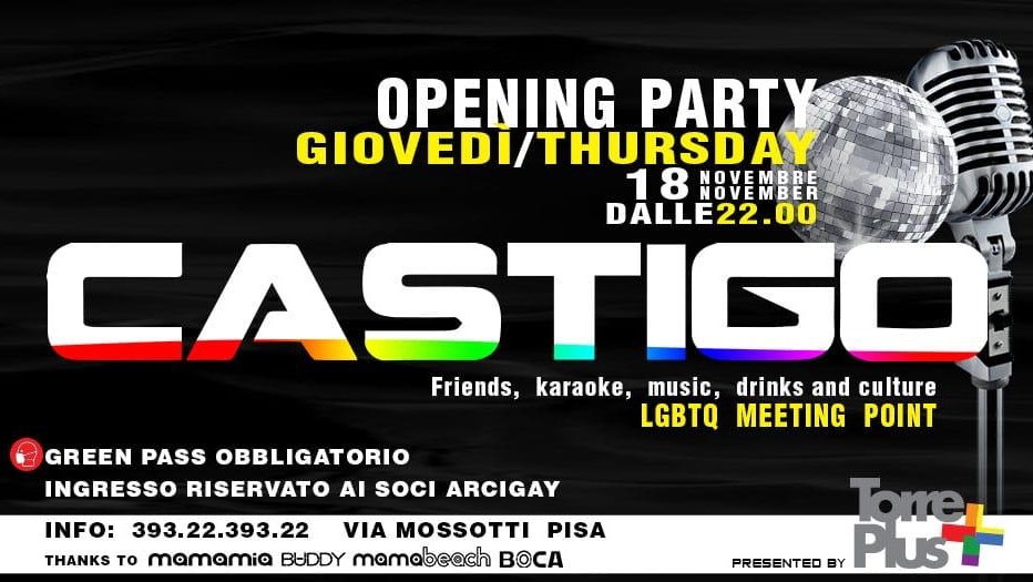 graphic that reads, "opening party, Thursday, 18 November, CASITGO, friends, karaoke, music, drinks, and culture, LGBTQ Meeting point