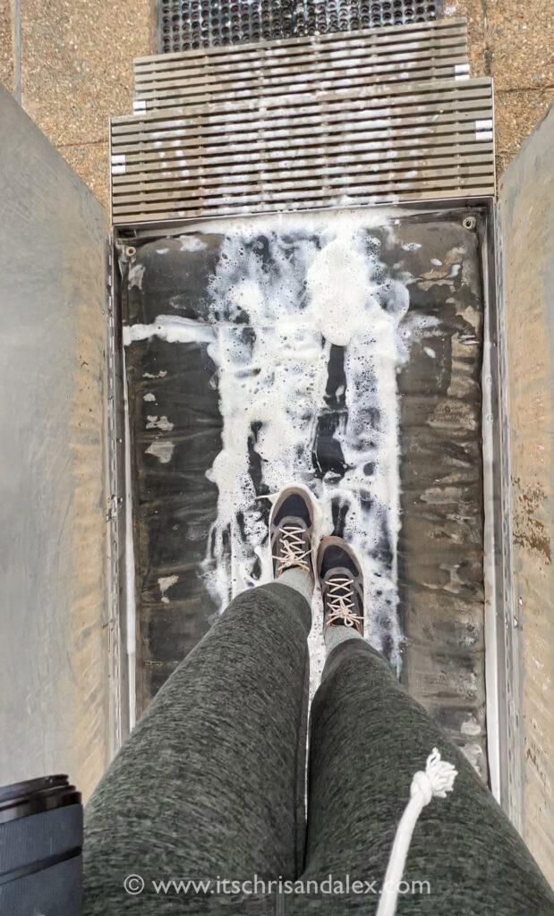 Shoes being soaped up on bio mats to prevent White Nose Syndrome in Mammoth Cave National Park