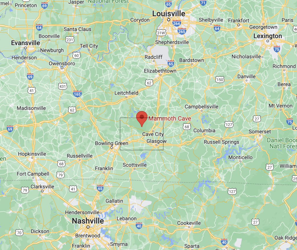 a Google Maps screenshot of where Mammoth Cave is located in reference to Louisville and Nashville