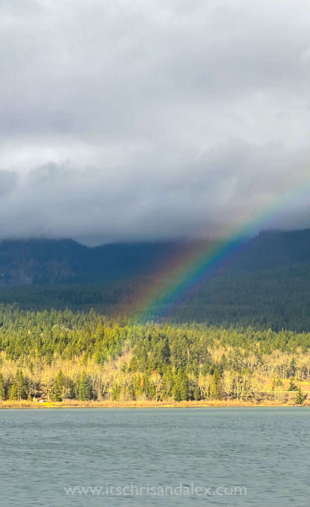 One end of a rainbow over the Columbia River in Oregon.